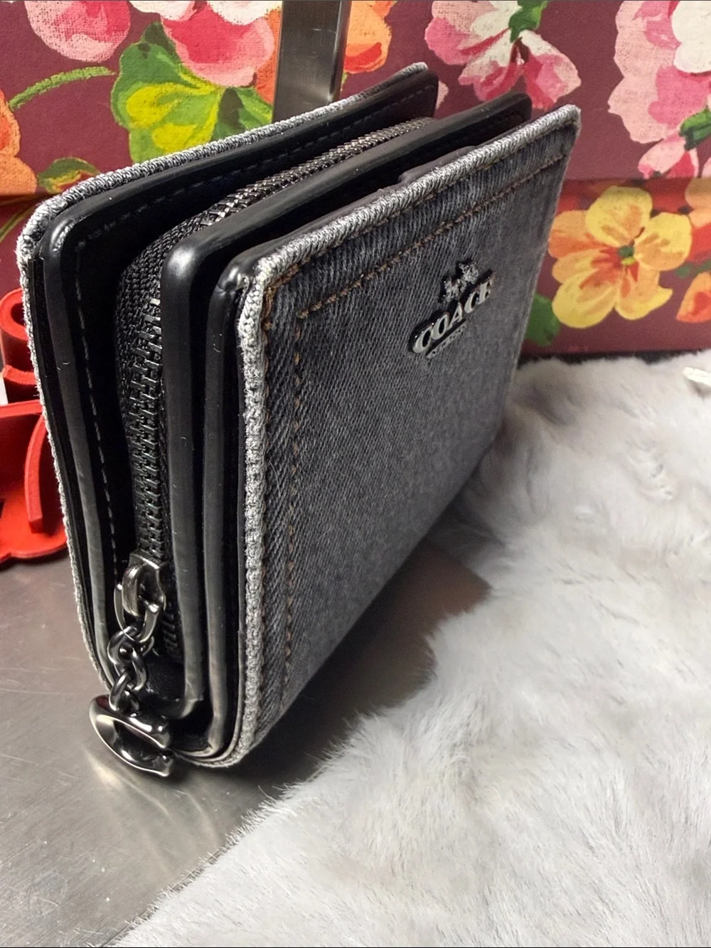 Coach Gray Denim Zip-Around Wallet with Black Trim